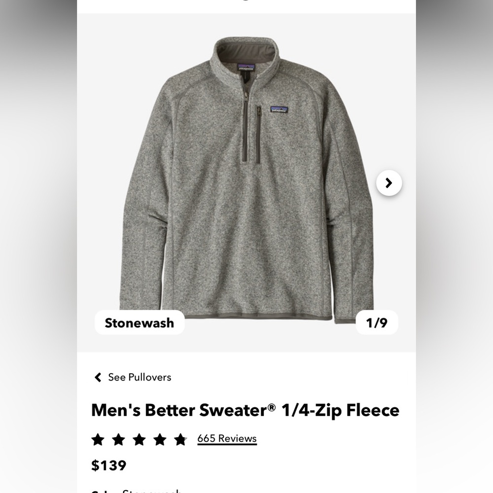 Patagonia men’s better sweater 1/4 zip. Size XL. Color - Stonewash.